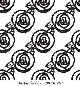 Black outline hand drawn vector rose seamless pattern. Cute doodle modern isolated pop art elements
