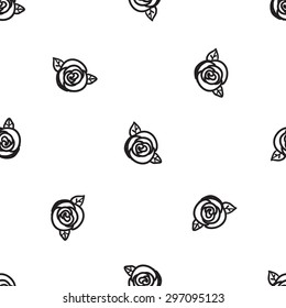 Black outline hand drawn vector rose seamless pattern. Cute doodle modern isolated pop art elements
