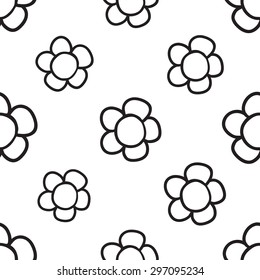 Black outline hand drawn vector flower seamless pattern. Cute doodle modern isolated pop art elements