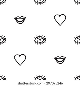 Black outline hand drawn vector eye, love, smile seamless pattern. Cute doodle modern isolated pop art elements