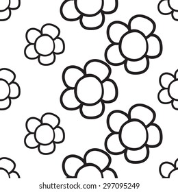 Black outline hand drawn vector flower seamless pattern. Cute doodle modern isolated pop art elements