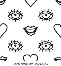 Black outline hand drawn vector eye, love, smile seamless pattern. Cute doodle modern isolated pop art elements