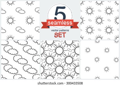 Black outline hand drawn vector cloud and sun weather seamless patter. Set of 5 vector seamless pattern. Chess grid order pattern.