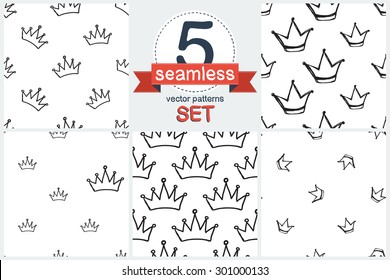Black outline hand drawn vector king and queen crown attributes of luxury seamless patter. Set of 5 vector seamless pattern. Chess grid order pattern.