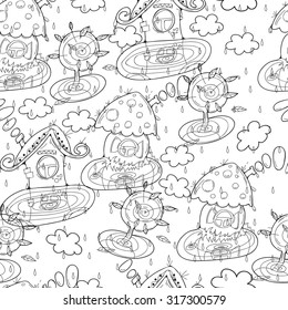 Black outline hand drawn vector drop seamless pattern. Cute doodle modern isolated pop art elements. Background coloring for adults