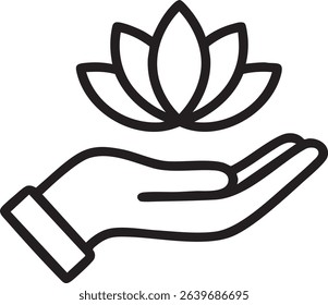 A black outline of a hand gently holding a lotus flower, symbolizing peace, spirituality, and enlightenment in a minimalist design.