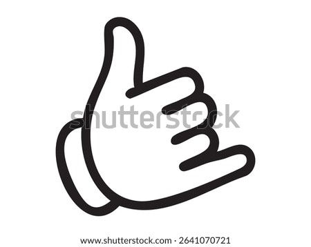Black outline of hand showing call me gesture with thumb and pinky extended on white background. Concept of phone communication, contact symbol, call request, informal body language.