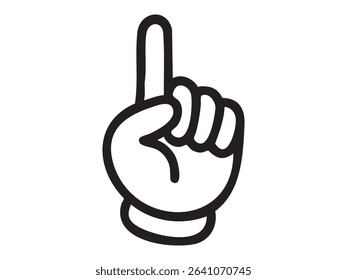 Black outline of hand showing raised index finger gesture isolated on white background. Concept of attention, number one sign, pointing up, warning signal, cartoon hand illustration.
