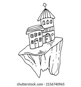 Black outline hand-drawn artwork of island with cute houses. Galaxy town vector illustration.