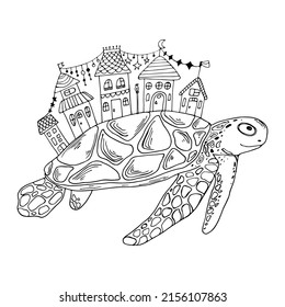 Black outline hand-drawn artwork of octopus with cute houses. Sea animal vector illustration.