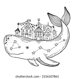 Black outline hand-drawn artwork of whale with cute houses in its back. Galaxy and sea animal vector illustration.