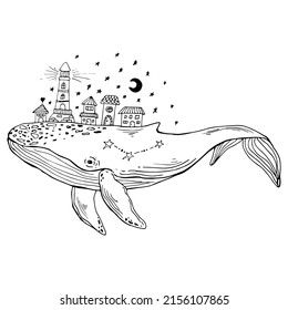 Black outline hand-drawn artwork of whale with cute houses in its back. Galaxy and sea animal vector illustration.