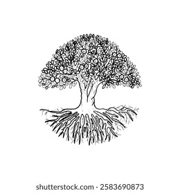 Black outline hand-drawn of a big tree with growth roots and leaves shaping round.