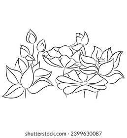 Schwarzer Umriss. Handgezeichnet. Vektorgrafik von Lotusblume mit Lotblätterumriss