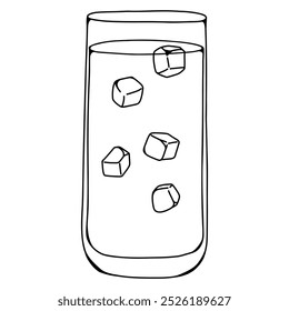 Black outline hand-drawn style vector illustration of a glass of water with floating ice cubes. Perfect for use in beverage, summer, refreshment, or minimalist design themes