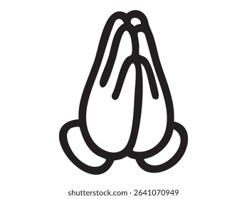 Black outline of hands in prayer gesture, graphic illustration. concept of meditation, spirituality, religion, namaste, yoga, icon, logo, black and white design.