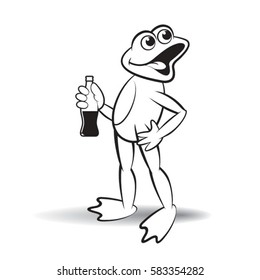 black outline happy frog with bottle-vector drawing