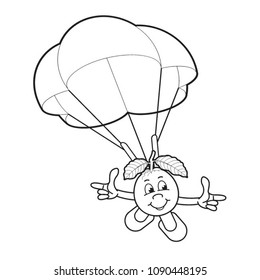 black outline happy guava vector cartoon or mascot jumping with parachute 
