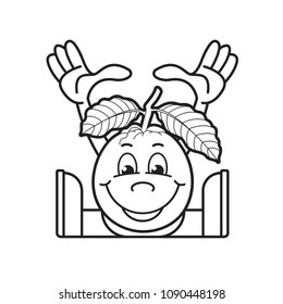 black outline happy guava vector cartoon or mascot sitting and raising hands 