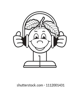 black outline happy guava vector mascot or cartoon with headset