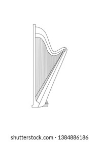 Black outline harp isolated on white background. Musical instrument for template or art school dictionary illustration