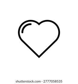 Black outline of a heart with a curved highlight detail on the upper left. Clean line art icon representing love, emotion, and affection on white background.