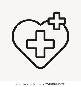 Black outline of a heart with a medical cross. Simple heart icon with cross. Heart and cross symbol for healthcare. Minimalist heart and cross design. User interface icon vector.