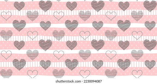 Black outline hearts with different textures on a pink and white striped background. Valentine`s day and wedding endless texture. Vector seamless pattern for wrapping paper, packaging, giftwrap, cover
