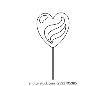 Esquema negro de una ilustración de piruleta en forma de corazón aislado sobre un fondo blanco. Concepto de diseño de caramelos, golosina dulce, arte de línea simple. Perfecto para impresiones, íconos y Elementos de diseño