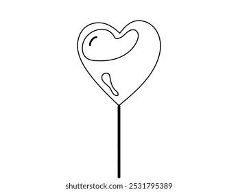 Esquema negro de una ilustración de piruleta en forma de corazón aislado sobre un fondo blanco. Concepto de diseño de caramelos, golosina dulce, arte de línea simple. Perfecto para impresiones, íconos y Elementos de diseño