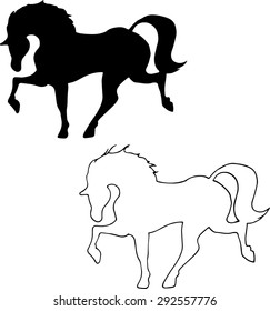 The black outline of a horse running trot. black and white image. Graphic drawing by hand.