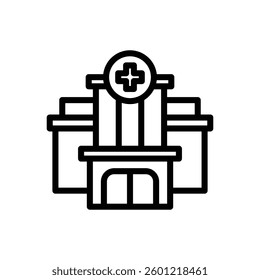 Black outline of hospital building with the cross symbol implies health services, which is best for healthcare related content and design.