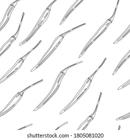Black outline of hot chili peppers. Vector seamless pattern on a white background.