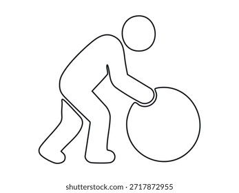 Black outline of human figure rolling large ball, isolated on white background. concept of teamwork, strength, effort, movement, icon, design element, graphic illustration.
