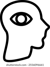 Black outline of a human head in profile view with a large eye symbol inside, where the brain would be, inner vision or insight, suggesting the idea of seeing or understanding something internally.