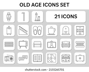 Black Outline Human Old Age Lifestyle Icon Set On White And Grey Square Background.