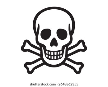 Contorno preto do crânio humano com ossos cruzados isolados no fundo branco, ilustração gráfica. conceito de ícone, símbolo do crânio, bandeira pirata, elemento de design, decoração de halloween, símbolo da morte.