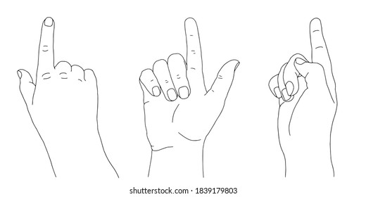 Black outline of human young adult hand raising and lifting index finger up. One, weak, relaxed gesture sketch concept vector illustration. Isolated design of pointing forefinger on white background.