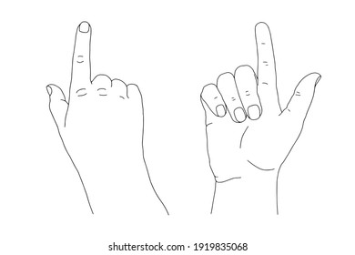 Black outline human young adult hand raising and lifting index finger up. One, weak, relaxed gesture sketch concept vector illustration. Isolated design of pointing forefinger on white background.