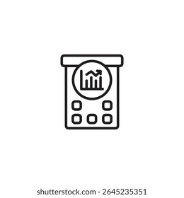 A black outline icon of a bar chart with an upward trend, next to a document with a cross on it.