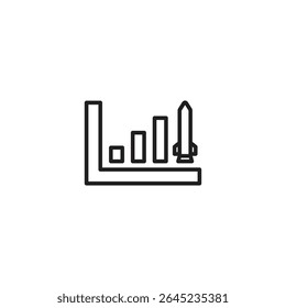 A black outline icon of a bar graph showing increasing values, with a rocket launching from the highest bar, symbolizing growth and success.