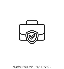 A black outline icon of a briefcase with a shield bearing a checkmark overlaid on it, symbolizing secure business or confirmed professional success.