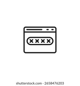 Um ícone de contorno preto de uma janela ou documento do navegador, apresentando um campo de senha com quatro marcas "X", simbolizando uma senha oculta ou segura.