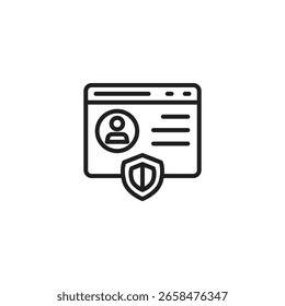 Um ícone de estrutura de tópicos preta de uma janela do navegador ou documento que exibe um perfil de usuário e texto, com um símbolo de escudo posicionado abaixo, sugerindo uma transação protegida ou conta on-line protegida.