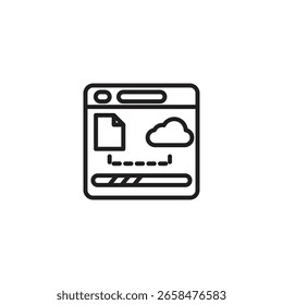 Ein schwarzes Umrisssymbol eines Browserfensters, das eine Datei, eine Wolke, eine sie verbindende gestrichelte Linie und eine Statusleiste anzeigt, die die Cloud-Dateiübertragung, den Online-Backup-Fortschritt oder die Datensynchronisierung symbolisiert