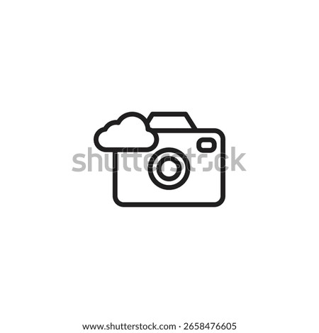 A black outline icon of a camera with a cloud above it, symbolizing cloud storage for photos, cloud-connected cameras, or automatic image backup to the cloud.