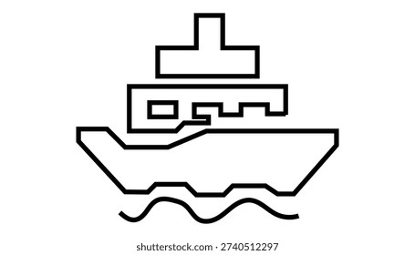 A black outline icon of a cargo ship with a deck and superstructure is depicted on wavy water against a white background.