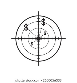 Black outline icon of a circular target with a center point and concentric rings, featuring multiple dollar signs symbolizing financial goals, income focus, monetary strategy, or revenue planning.