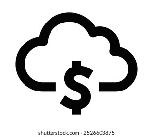 Icono de contorno negro de una nube con un símbolo de dólar. Representa la computación en la nube, las finanzas en línea o los servicios financieros. Trazo editable.