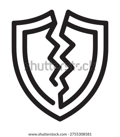 Black outline icon of cracked shield symbolizing security failure protection breach and digital vulnerability